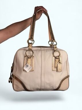 Coach Soho Canvas Python Satchel NWT Ivory Gold Metallic Trim Y2K Shoulder Bag